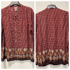 Catherines 2X Burgundy Multicolor Top Shirt Blouse Womens long or 3/4 Sleeve.